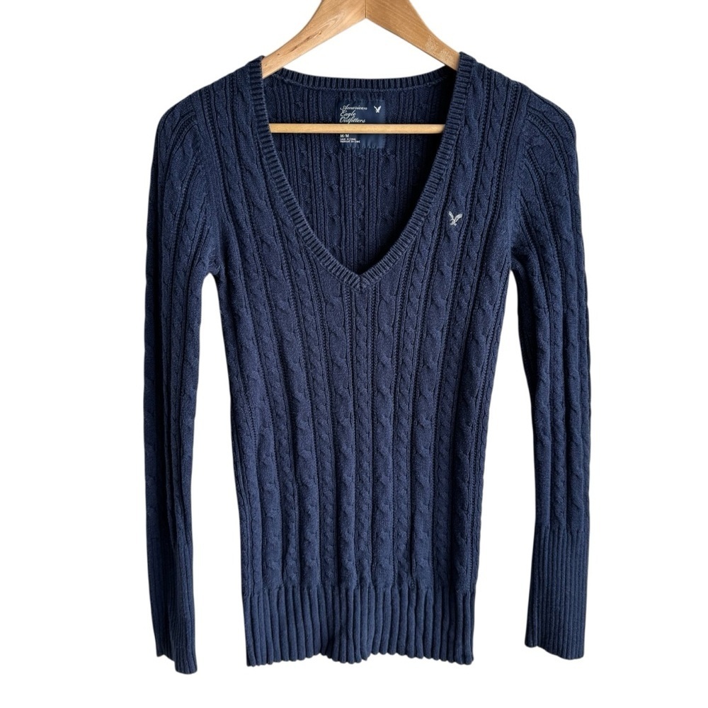 Y2K 2009 American Eagle V-Neck Sweater Womens M Navy Cableknit Preppy Academia
